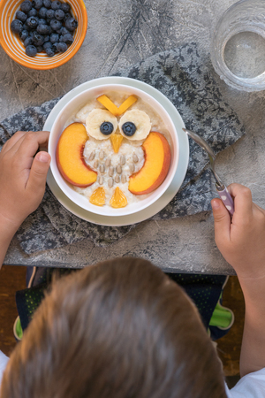 Kids breakfast oatmeal porridge with fruits look like cute owlの写真素材
