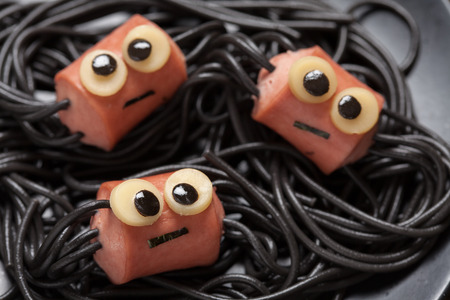 Sausage and spaghetti funny spiders for kidsの写真素材