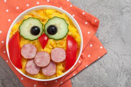 Funny owl mashed potato vegetable puree with sausage for kids lunchの写真素材