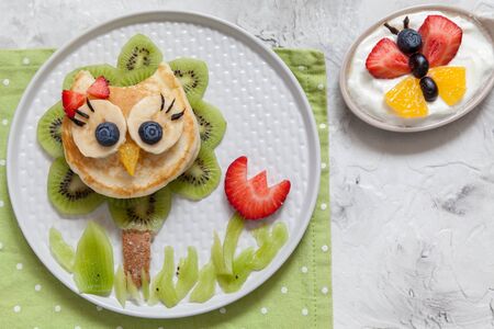 Funny cute owl pancake with fruits for kids breakfastの写真素材