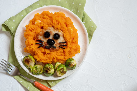 mashed sweet potatoes and turkey cutlet for kids lunchの写真素材