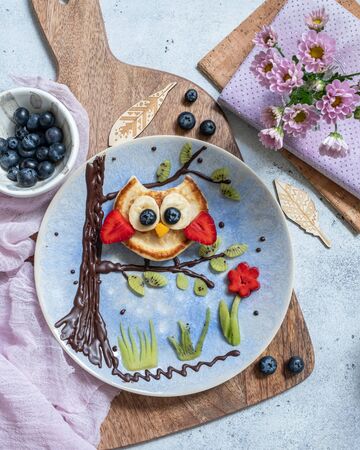 Cute owl pancake for kids breakfastの写真素材