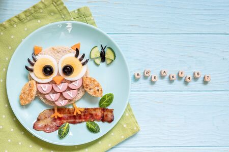 Cute little owl sandwich toast with sausages and eggsの写真素材