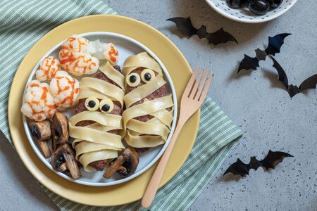 Healthy Halloween lunch for kids. Selection of fun, spooky treats.の写真素材