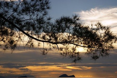 Landscape of natural sandy beaches of coast Southern - the Chinese sea of peninsula Seantubong to Borneo. Sunset.の写真素材