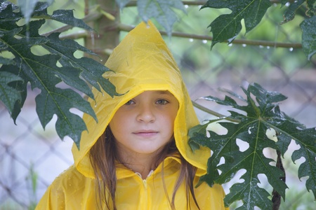 The beautiful girl the teenager plays about under a tropical rain on a back court yard of the house to Borneo.の写真素材