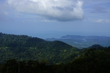 Kind of mountainous island Langkavi from height of the bird's flight from the highest mountain top of island. の写真素材