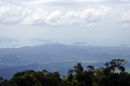 Kind of mountainous island Langkavi from height of the bird's flight from the highest mountain top of island. の写真素材