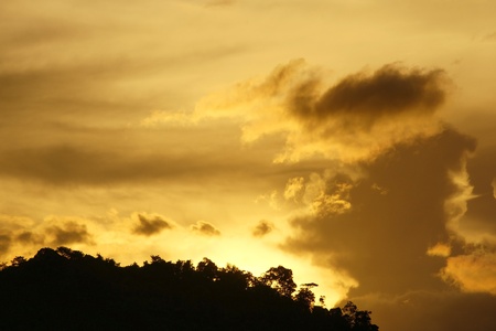 Sunset in a deaf jungle of high-mountainous island Borneoの写真素材