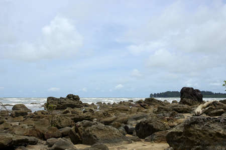 The sea of the coast with jungle of peninsula Santubong. Borneo. 