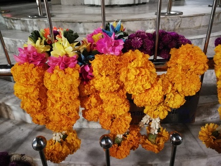Flowers, marigolds, lotus, banana, coconut  or fruit for the worship in Thailand Temple at Happy new year cerebrationの写真素材
