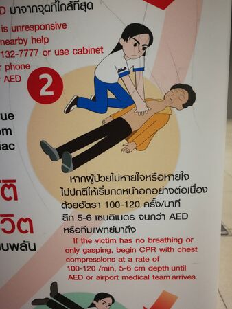 Automated External Defibrillator (AED machine) at Gate door in Thailand international airport for...