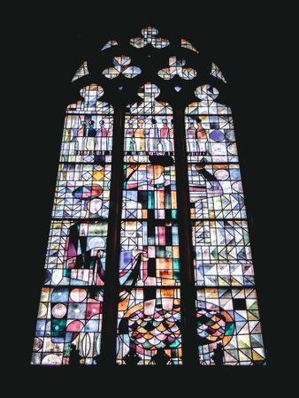 The view of a colorful window of St Peter and St Paul, Ostend, Belgium.のeditorial素材