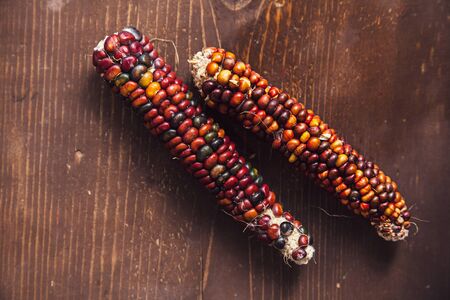 two ears of indian corn on a wooden tableの写真素材