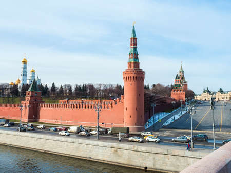 Moscow, Russia - March 16, 2020: View of the walls and towers of the Moscow Kremlin in early springのeditorial素材