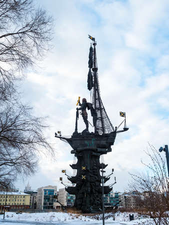 Moscow, Russia - March 15, 2020: Monument "In commemoration of the 300th anniversary of the Russian fleet." The figure of Emperor Peter the Great at the controls of a shipのeditorial素材
