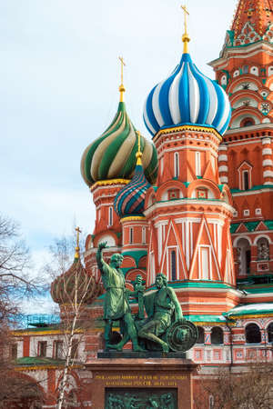 Moscow, Russia- March 16, 2020: Monument to Minin and Pozharsky on Red Square on the background of St. Basil's Cathedralのeditorial素材