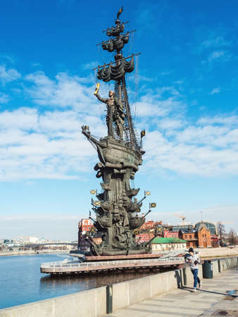 Moscow, Russia - March 15, 2020: Monument "In commemoration of the 300th anniversary of the Russian fleet." The figure of Emperor Peter the Great at the controls of a shipのeditorial素材