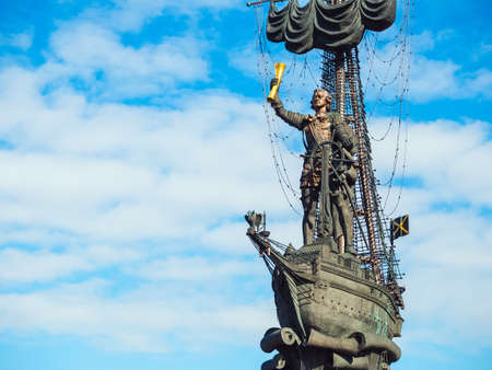 Moscow, Russia - March 15, 2020: Monument "In commemoration of the 300th anniversary of the Russian fleet." The figure of Emperor Peter the Great at the controls of a shipのeditorial素材
