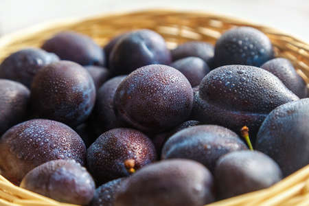 a lot of black plum with drops of water in a straw basket close-upの写真素材