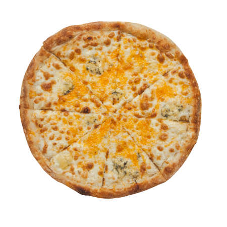round four cheese pizza on a thin batter top view directly isolated on whiteの写真素材