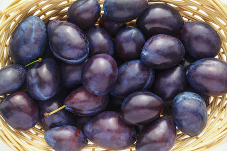 a lot of shiny ripe blue plums in a straw wicker basketの写真素材