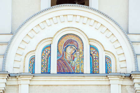 Rostov-on-Don, Russia, June, 2020 - icon of the Kazan Mother of God on the facade of an Orthodox church - mosaicのeditorial素材