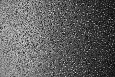 abstract background: many drops of water on a dark surface - non-stick coating in a pan. Center in sharpness, blurred edges. Black and white photoの写真素材