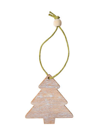 wooden toy in the shape of Christmas trees on a rope isolated on whiteの写真素材