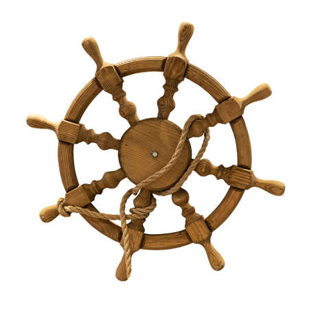 a small wooden steering wheel, entwined with a rope. Isolated on whiteの写真素材