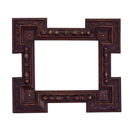 vintage wooden rectangular frame with carvings isolated on whiteの写真素材