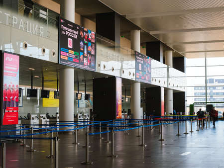 Rostov-on-Don, Russia - October 07, 2020: First floor of Platov International Airport. Check-in counters for domestic flightsのeditorial素材