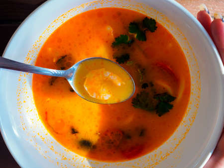 shrimp in a spoon, Tom Yam soup top viewの写真素材