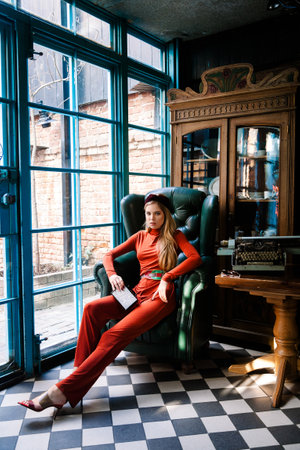 beautiful young model with long hair sits on a chair and looks into the cameraの写真素材