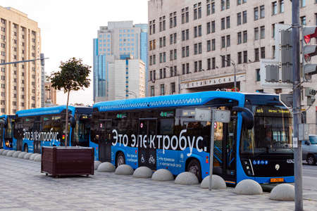 Moscow, Russia - October 8, 2020: blue electric buses at a bus stop in the Yakimanka districtのeditorial素材