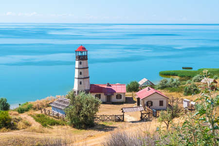 khutor Merzhanovo, Rostov region, Russia - August 3, 2020: Taganrog Bay of the Azov Sea, view of the lighthouseのeditorial素材