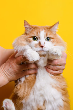 a woman is holding a fluffy white-red cat in her hands. Studio shot close up on yellow background, copy spaceの写真素材