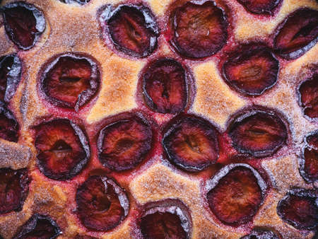 food background: homemade plum pie sprinkled with icing sugarの写真素材