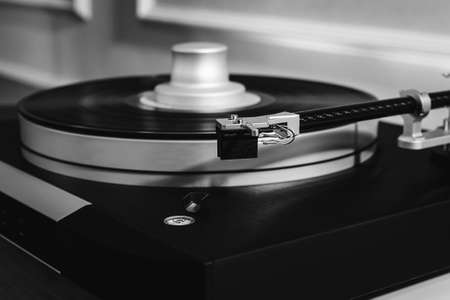 pickup head for turntable close-up. Black and white photo