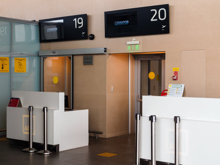 Rostov-on-Don, Russia - May 23, 2021: boarding area and gates 19 and 20 of Platov International Airportのeditorial素材