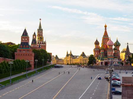 Moscow, Russia - May 24, 2021: Cathedral of the Intercession of the Most Holy Theotokos, Spasskaya Tower and Kremlin walls on Red Squareのeditorial素材