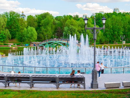 Moscow, Russia - May 25, 2021: Musical dynamic light fountain in the Park of Culture and Rest Tsaritsyno