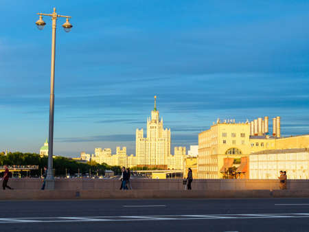 Moscow, Russia - May 24, 2021: View of a large residential building on Kotelnicheskaya embankment from Moskvoretsky bridge at sunsetのeditorial素材
