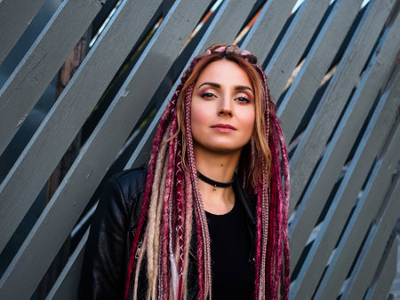 portrait of an attractive young woman in black clothes with pink de-dreadlocks on a gray wall background with wooden planksの写真素材