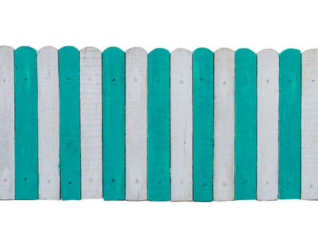 old wooden white and emerald green picket fence isolated on whiteの写真素材