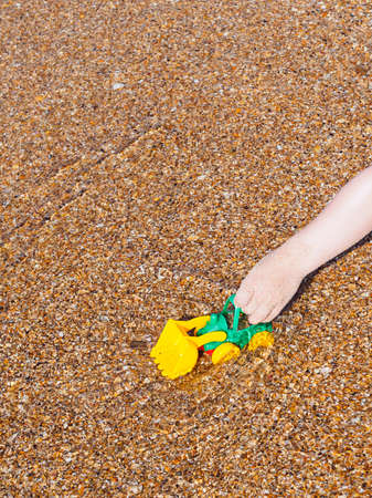 a child's hand holds a small multi-colored tractor in sea water on a sandy beach. Children's rest...