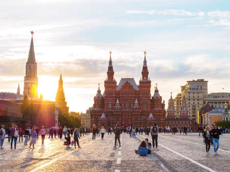 Moscow, Russia - May 24, 2021: State Historical Museum, Resurrection Gate, Nikolskaya and Corner Arsenal Towers of the Moscow Kremlin on Red Square in the rays of the setting sunのeditorial素材