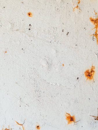 texture: rusty stains and cracks on a white metal surfaceの写真素材