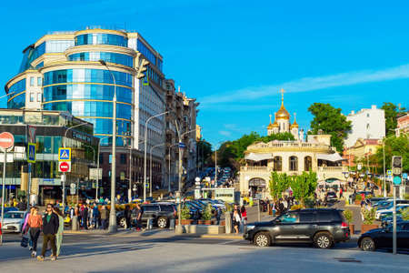Moscow, Russia - May 24, 2021: View of Trubnaya Square, Rozhdestvensky Boulevard, Central Market and the Church of the Resurrection of Christ and the New Martyrs and Confessors of the Russian Churchのeditorial素材