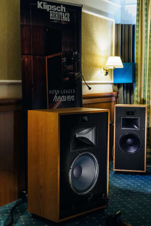 Moscow, Russia - May 23, 2021: KLIPSCH FORTE IV premium floor-standing speaker system at the international exhibition HI-FI and HI-END Showのeditorial素材